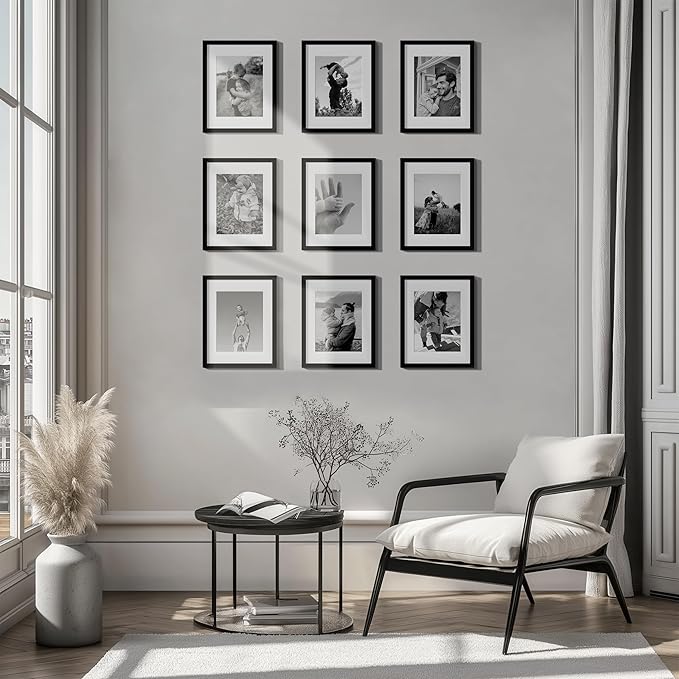 eletecpro 11x14 Picture Frames Set of 9 Classic Gallery Wall Frame Set, Displays 8x10 Photos with Mat or 11x14 No Mat, Black Picture Frames Collage Wall Decor for Home Decor