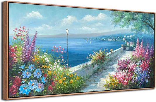 Arjun Blue Coastal Canvas Framed Wall Art for Living Room Ocean Landscape Painting Bedroom, Extra Large Hand Painted Seascape Flower Picture Artwork Home Office Wall Decor 58"x29"