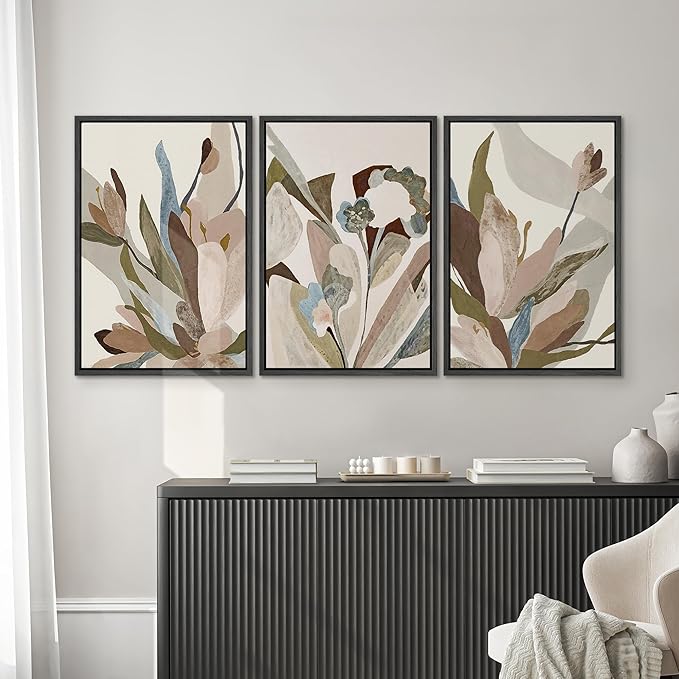 SIGNWIN Framed Canvas Print Wall Art Set Botanical Abstract Earthy Neutral Floral Illustrations Modern Art Decorative Boho Relax/Zen Nordic for Living Room, Bedroom, Office - 24"x36"x3 Black