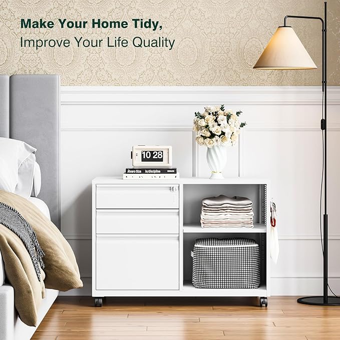 3 Drawer Metal File Cabinet with Lock, Mobile Lateral Filing Cabinet with Side Hook for Letters/Legal/A4, Printer Stand Storage Cabinets with Shelves for Home Office(White)