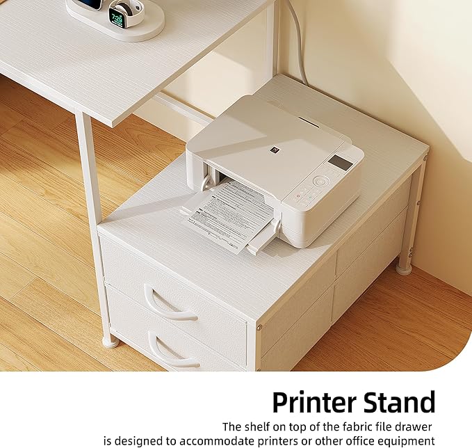 Flrrtenv 52 Inch Office Desk with 6 Drawers and Printer Space for Storage, Reversible Computer Desk with Monitor Stand & Power Outlets, Home Office Desks, White