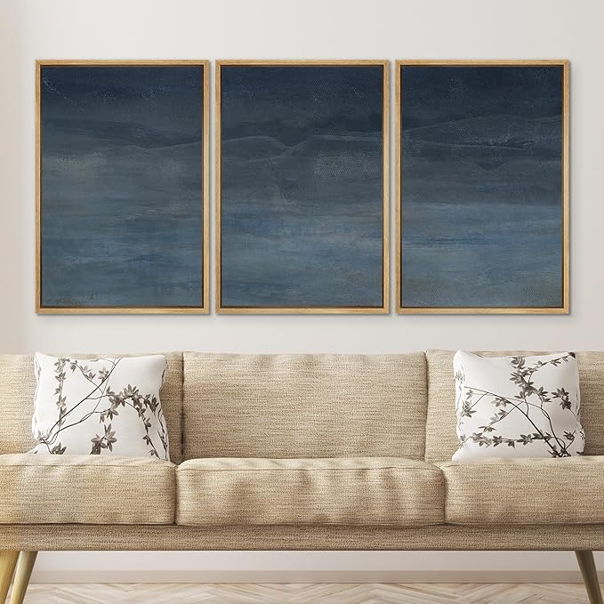SIGNWIN Framed Canvas Print Wall Art Abstract Blue Landscape Modern Minimalist Navy Blue and Gray Nature Wilderness Modern Art Cool for Living Room, Bedroom, Office - 24"x36"x3 Natural