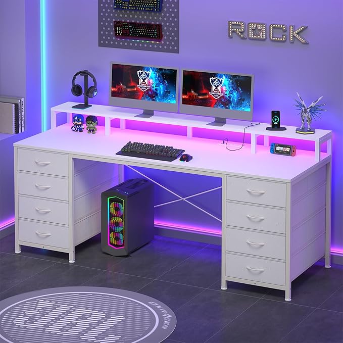 60 Inch Computer Desk with 8 Fabric Drawers, Gaming Desk with LED Lights & Power Outlets, Home Office Desk with Monitor Stand, White