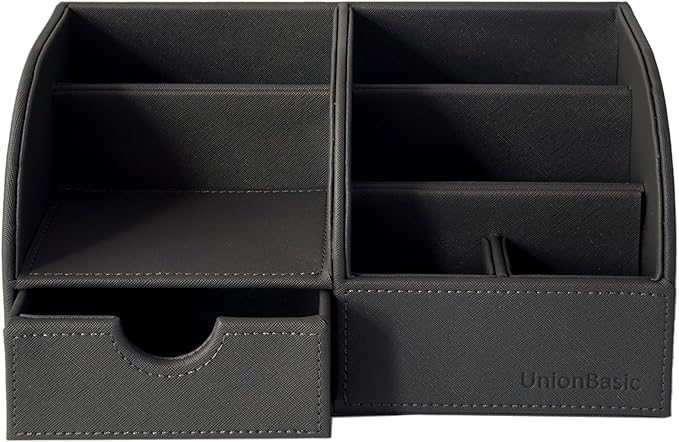 UnionBasic Desk Organizer - Multifunctional Leather Desktop Pen Holder Storage Box - Business Card/Pen/Pencil/Mobile Phone/Stationery Holder, Taiga Dark Gray