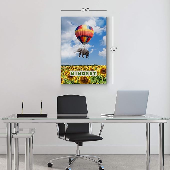 Smile Art Design Mindset Elephant with Balloon Sunflower Field Motivational Wall Art Canvas Print Inspirational Wall Art Entrepreneur Quote Canvas Print Modern Office Decor Gift Ready to Hang 40x30