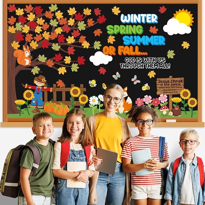 gisgfim Fall Jesus Christian Bulletin Board Decorations Sets Autumn Religious Classroom Decor Pumpkin Maple Leaves Paper Cutouts for Classroom School Church Chalkboard Home Wall Décor
