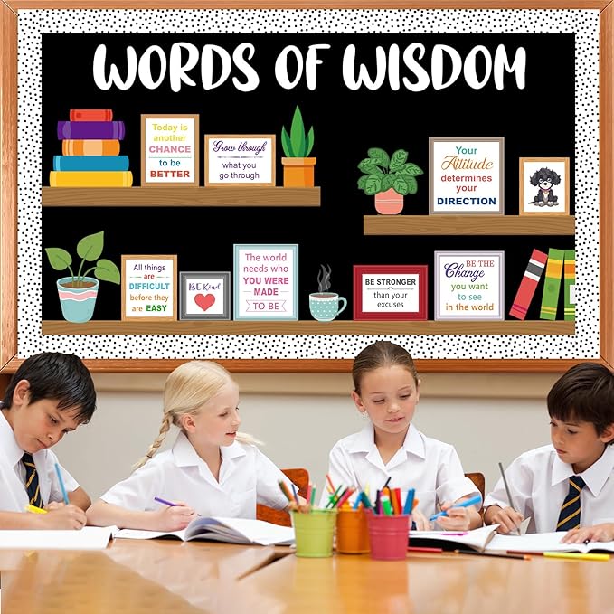 Motivational Bookshelf Bulletin Board Decorations Plant Classroom Colorful Inspirational Quote Paper Cutouts Words of Wisdom Bulletin Board Set for Back to School Chalkboard Wall Decor Supplies