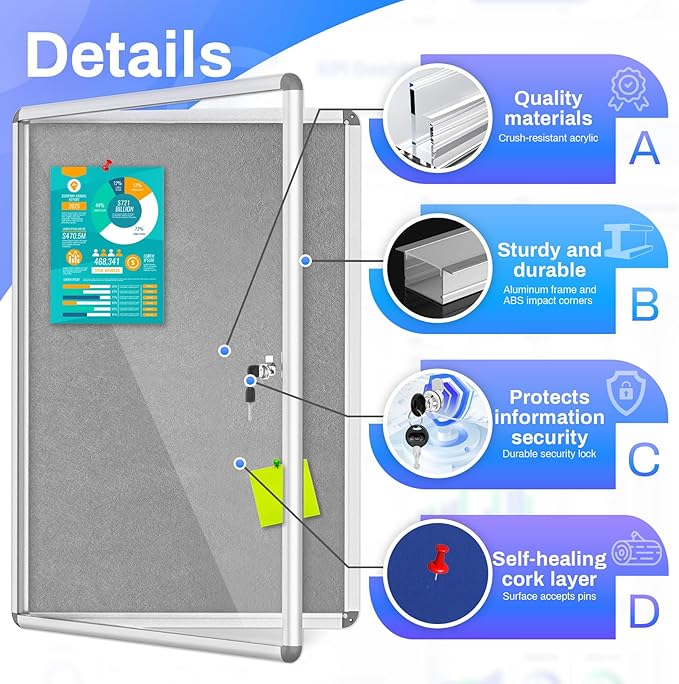 Magula 38"x28" Enclosed Bulletin Board Tamper-Proof Dispaly Case, Aluminium Frame, Shatter Resistant Lockable Bulletin Board, Lockable Noticeboard