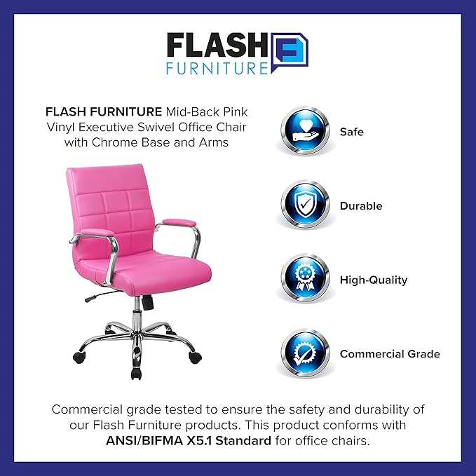 Flash Furniture Vivian Mid-Back Pink Vinyl Executive Swivel Office Chair with Chrome Base and Arms