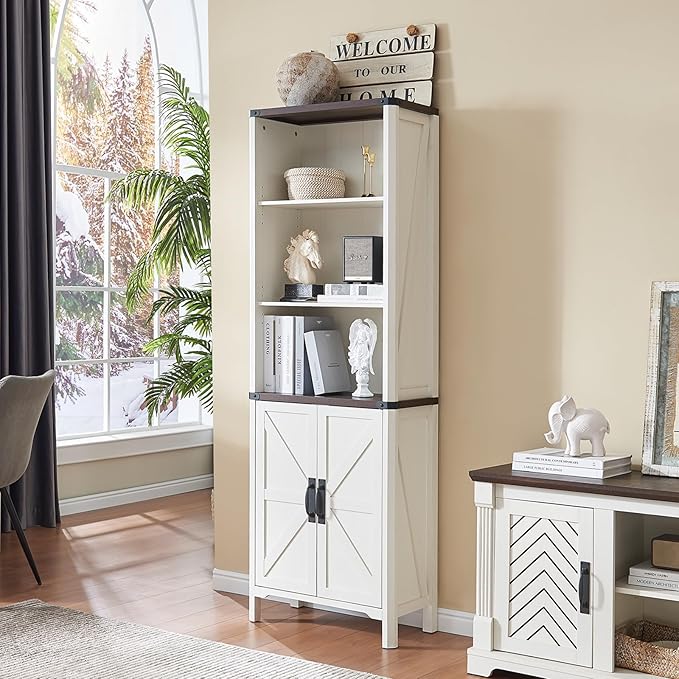71" Tall Bookshelf, 5 Tier Bookcase with Adjustable Shelves and Barn Doors, White Farmhouse Bookshelf with Storage Cabinet, Wood Freestanding Display Bookshelves for Bedroom, Living Room