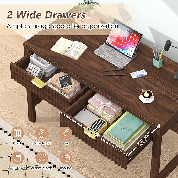 Fluted Computer Desk with 2 Drawers, 39 Inch Small Computer Desk with Storage, Compact Writing Study Desk for Small Spaces, Walnut