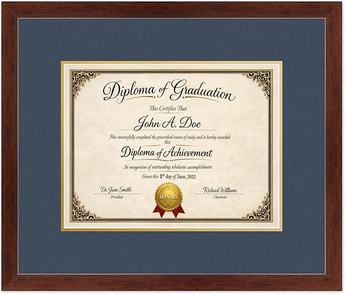 Diploma Frame Rustic Walnut with Navy Blue Over Gold Double Mat - Fits 13 x 10 College Diploma (Traditional) Wall Display Made in the USA