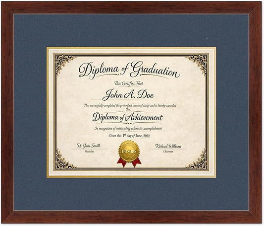 Diploma Frame Rustic Walnut with Navy Blue Over Gold Double Mat - Fits 13 x 10 College Diploma (Traditional) Wall Display Made in the USA