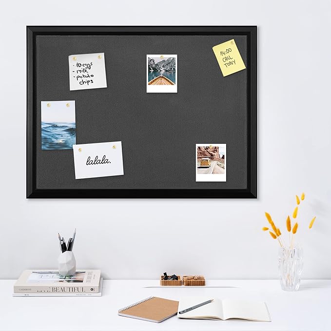 Navaris Framed Fabric Bulletin Board - 18 x 24 inches Plush Jewelry Organizer Pinboard for Wall - Memory Memo Pin Board - Dark Gray with Black Frame