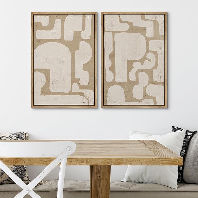 SIGNWIN Framed Canvas Print Wall Art Set Sophisticated Abstract Network Beige Interlaced Lines on White Illustrations Modern Art Minimal Relax for Living Room, Bedroom, Office - 24"x36"x2 Natural