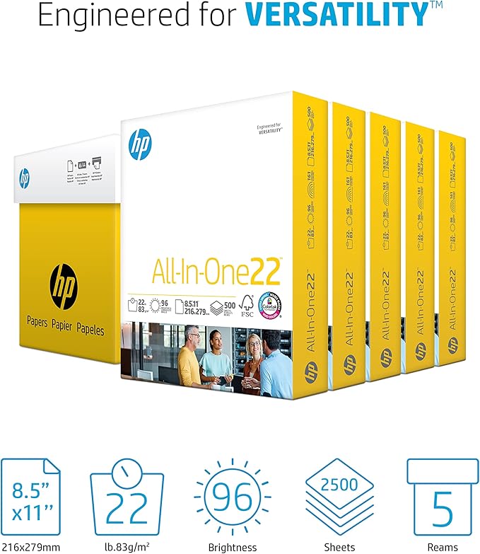HP Papers | 8.5x 11 Paper | All-In-One 22 lb | 5 Ream Case - 2,500 Sheets | 96 Bright| Made in USA - FSC Certified | 207000C