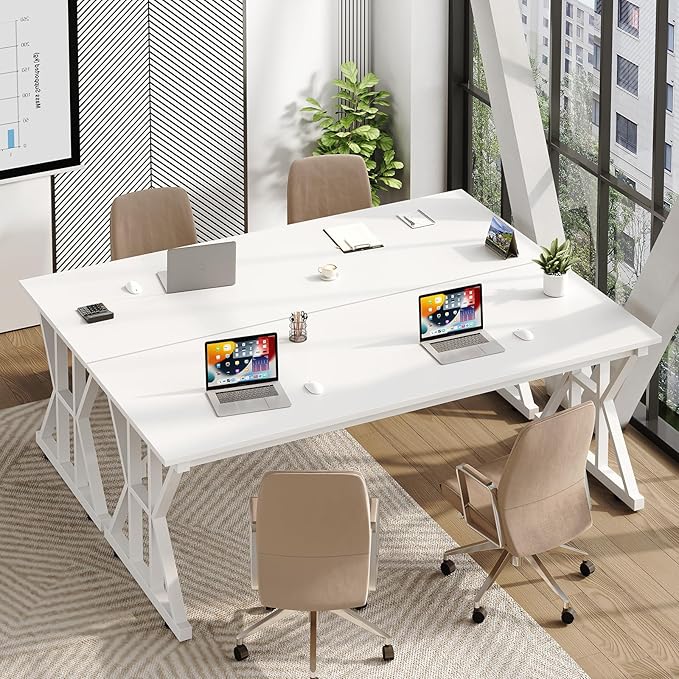 TVU Computer Desk, 63 inch Large Office Desk, Study Writing Table with Thicken Frame, Gaming Desk, Modern Simple Desk for Home Office, White