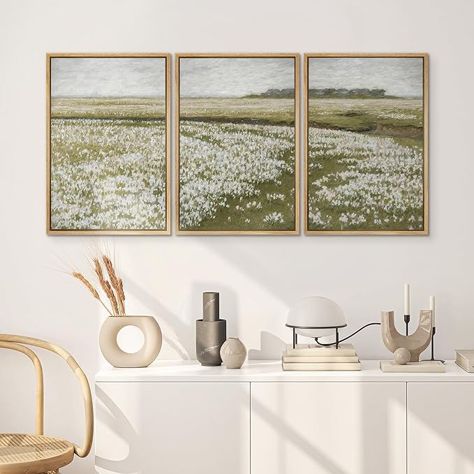 SIGNWIN Framed Canvas Print Wall Art Set White Daisy Flower Country Farm Field Nature Abstract Illustrations Fine Art Decorative Nordic Rustic for Living Room, Bedroom, Office - 24"x36"x3 Natural