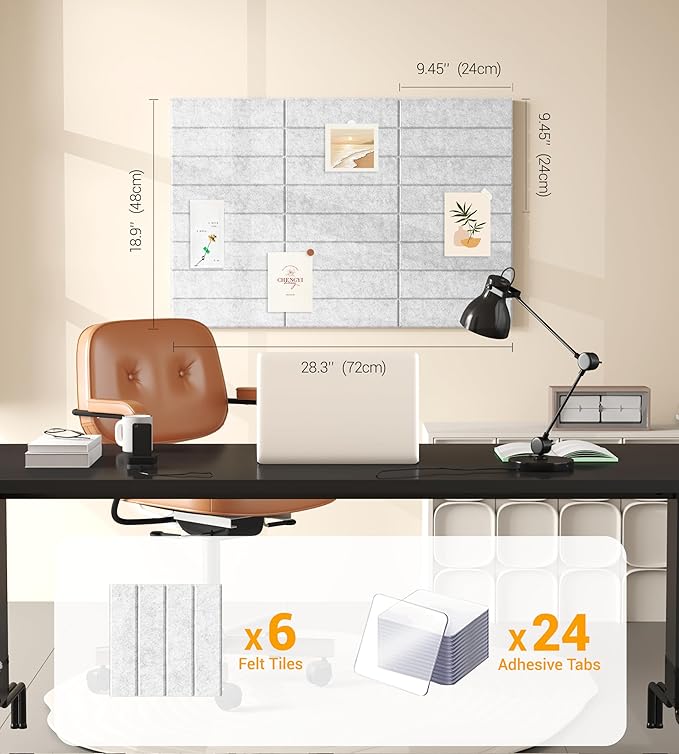 1/2" Thick Cork Board for Office, 6 Pack Felt Wall Tiles -28"x18" with Safe Adhesive Tabs, Large Bulletin Board, Push Pin Board Organizer Wall - Gray Marble