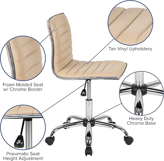 Flash Furniture Alan Low Back Designer Armless Tan Ribbed Swivel Task Office Chair