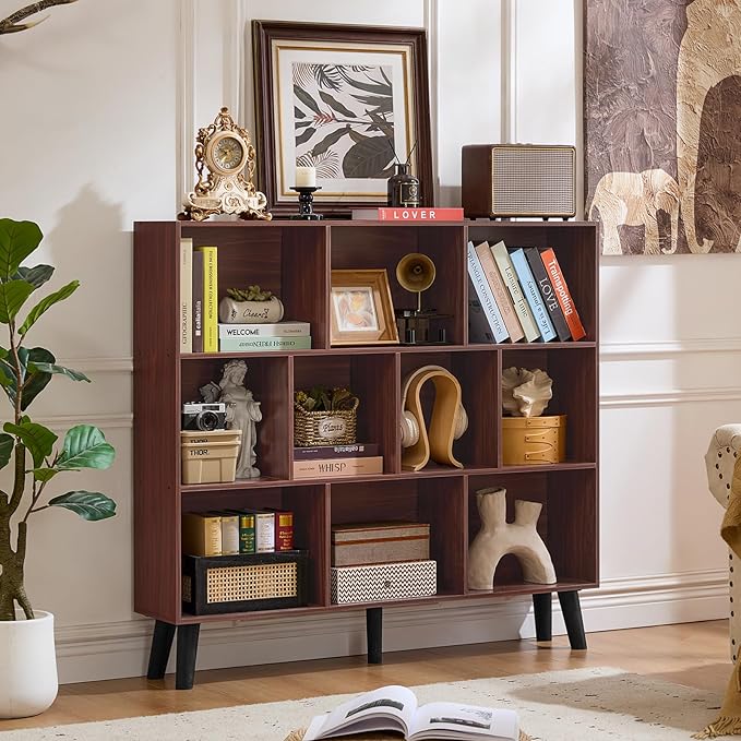 LEYAOYAO 10 Cube Bookshelf,3 Tier Modern Wide Bookcase with Legs,Mid-Century Wood Bookshelves Storage,Mint-Walnut Large Book Case,Freestanding Organizer Display Shelf for Bedroom,Living Room,Office