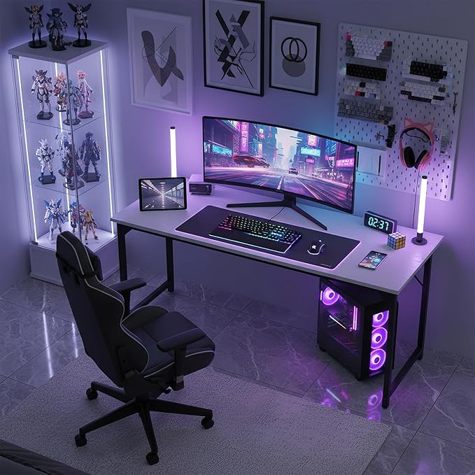 OLIXIS 63 Inch Computer Office Desk for Small Spaces, Writing Gaming Work Desk Modern Study Table with Metal Frame Home Bedroom, White