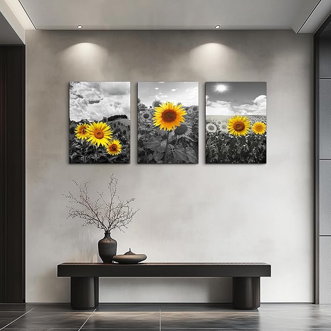 Large size Canvas Wall Art for Living Room family Bedroom wall painting Decoration,Bathroom Wall Decor kitchen Home Decoration Black and white sunflower flowerswall pictures artwork,16x24 3 piece