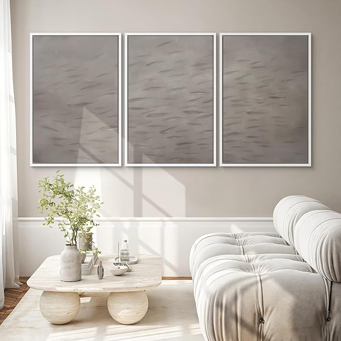 SIGNWIN Framed Canvas Print Wall Art Set Minimalist Fish Shoal Pattern Subtle Gray Underwater Illustrations Modern Art Decorative Abstract for Living Room, Bedroom, Office - 24"x36"x3 White