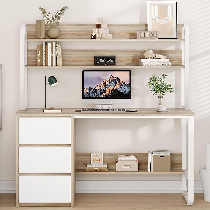 Computer Desk with 3 Drawers and Shelves, 55 Inch Desk with Hutch for Small Spaces, Study Writing Desk with Shelves for Bedrrom, Adjustable Feet, Walnut