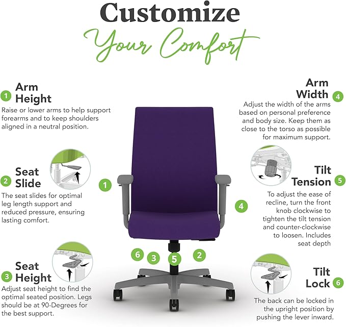 HON Ignition 2.0 Fabric Office Chair, Upholstered, Adjustable Arms, Standard Synchro-Tilt Recline Executive Ergonomic Office Chair, Titanium Frame, Iris