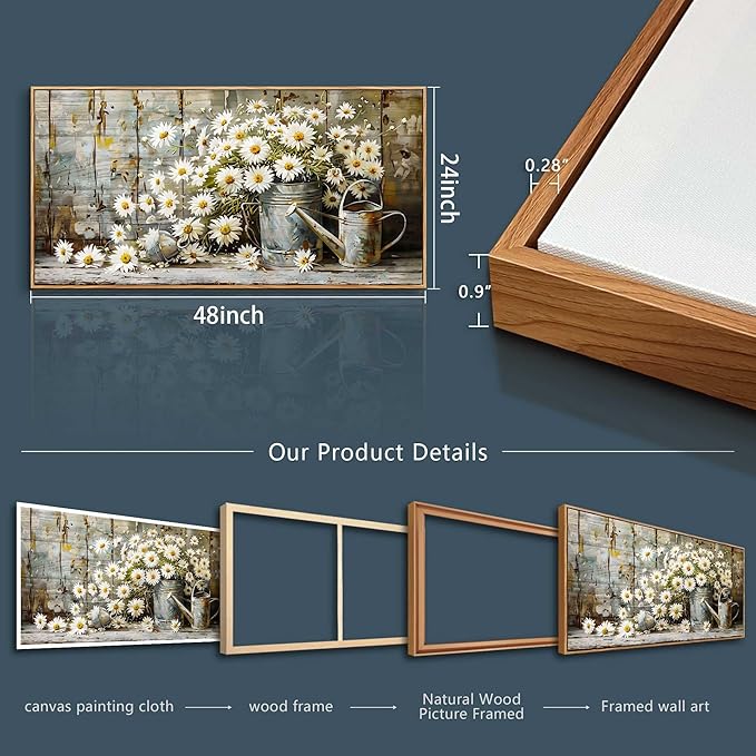 PHAOHUAXM Large Canvas Wall Art For Living Room Wall Decor Printing Artwork Retro White Flower Dining Room Bedroom Bathroom Kitchen Wall Painting Home Decoration Wood Frame Ready To Hang 20x40 In