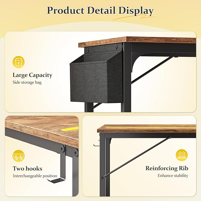 71 Inch Computer Desk with LED Lights, Office Desk for Home Office, Study Desk Writing Table with Storage Bag, Headphone Hook, Rustic Brown
