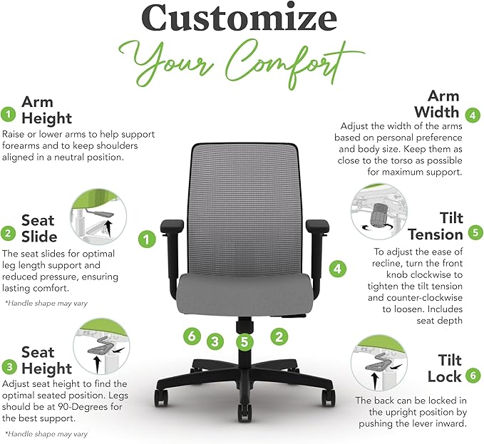 HON Ignition 2.0 Low Back Task Chair, Standard Synchro-Tilt Control, Office Chair with Lumbar Support, Height and Width Adjustable Arms, Black Frame, Frost