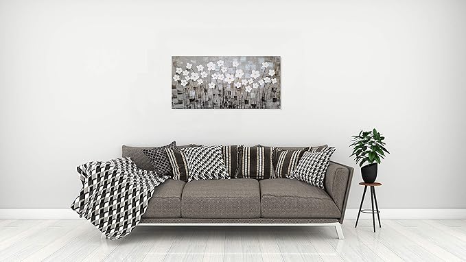 Yihui Arts Hand-Painted Textured White Floral Artwork on Gray Abstract Background - Modern 3D Flower Oil Painting for Living Room, Bedroom, Home Decor