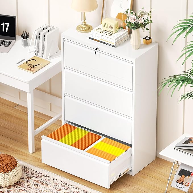 INTERGREAT 4 Drawer File Cabinet, Metal Lateral Filing Cabinet for Home Office, Locking Horizontal File Cabinets for Hanging Files Letter/Legal/F4/A4 (White)