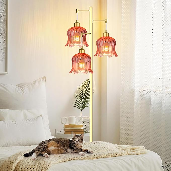 Pink Floor Lamp for Living Room,Bedroom,Gold Mid Century Modern Standing Lamp Brass Tree 3 Light Tall Floor Lamps Floor Lights Glass Flower Lamp Shade Girls Kids Boho Bohemian
