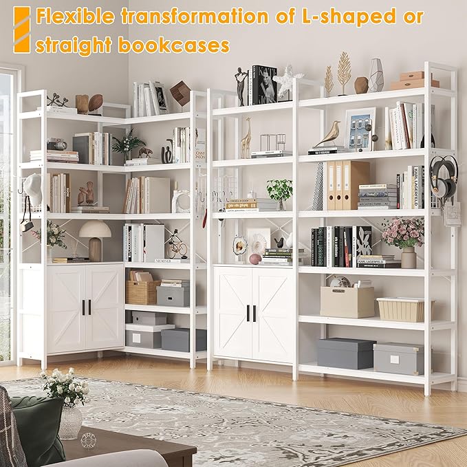 Semoic 6-tire Farmhouse White Corner Book Shelf with 2 Barn Doors and 10 Storage Shelves, 71.3" Tall Convertible Etagere Bookcase with Storage Cabinet, Large L Shaped Bookshelf for Living Room(White)