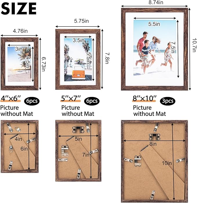 Fixwal Picture Frames Set, Gallery Wall Frame Set Picture Frames Collage 15 Pack for Wall or Tabletop with 8x10 5x7 4x6 Frames, Rustic Brown
