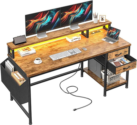 48" Computer Desk with LED Strip, Gaming Desk with Drawers & Storage Bag, Office Desk with Power Outlets & Monitor Stand, Home Office Desks for Bedroom, Gaming Room, Rustic Brown