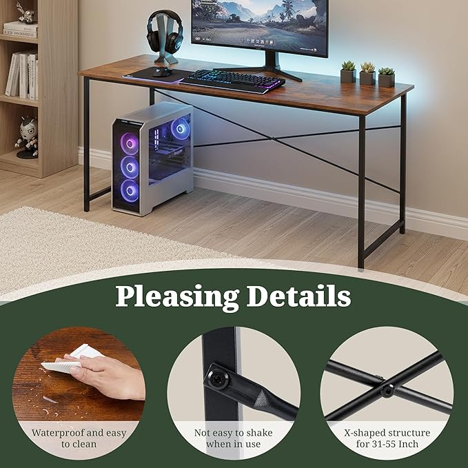 Computer Desk 55 Inch, Simple Home Office Desk Study Writing Table, Sturdy Metal Frame, Scratch-Resistant MDF Desktop for Bedroom Dorm Workspace, Brown