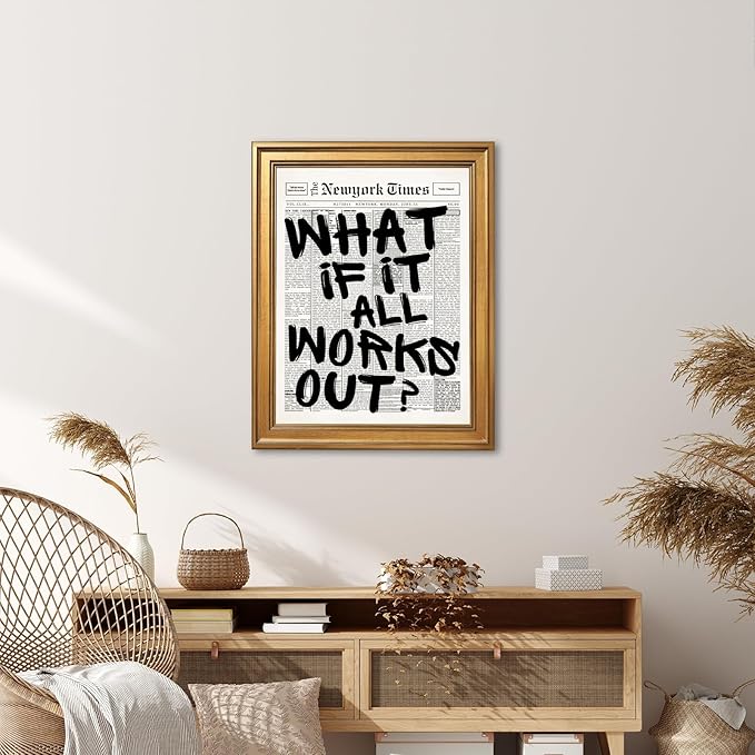 What If It All Works Out Wall Art Retro Black and White Newspaper Motivational Poster Positive Affirming Quote Minimalist Canvas Print for Bedroom Living Room Home Decor 16x24inch Vintage Framed