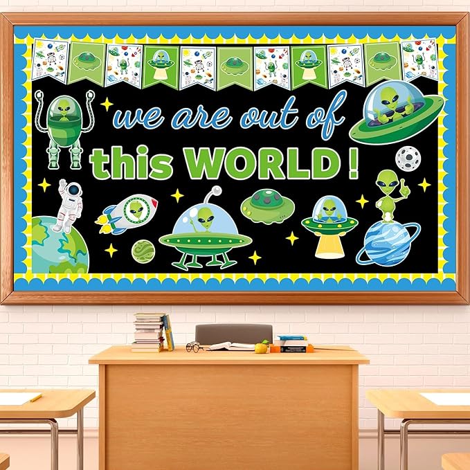 Outer Space Theme Bulletin Board Set Alien Classroom Bulletin Board Decorations Space Astronaut Planet Cutouts Classroom Decorations for Back to School Office Home Chalkboard Decor Wall Door