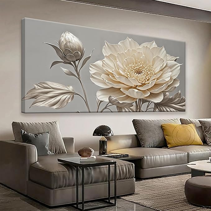 QSQ Large Wall Art Living Room Home Wall Decor Modern Canvas Art Wall Decor 29 X 58 Inches White Painting Print Elegant Silver White Flower Wall Art Picture For Bedroom Office Decoration Artwork