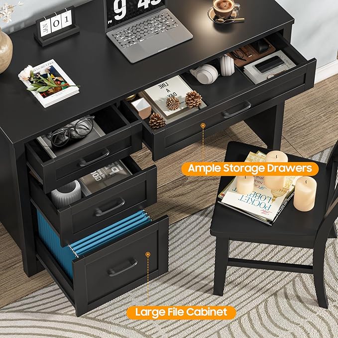 Vabches Farmhouse 47" Executive Desk with File Drawer, Workstation for Home Office, Study, Writing,Wood Computer Desk with 3 Storage Drawers.(Black
