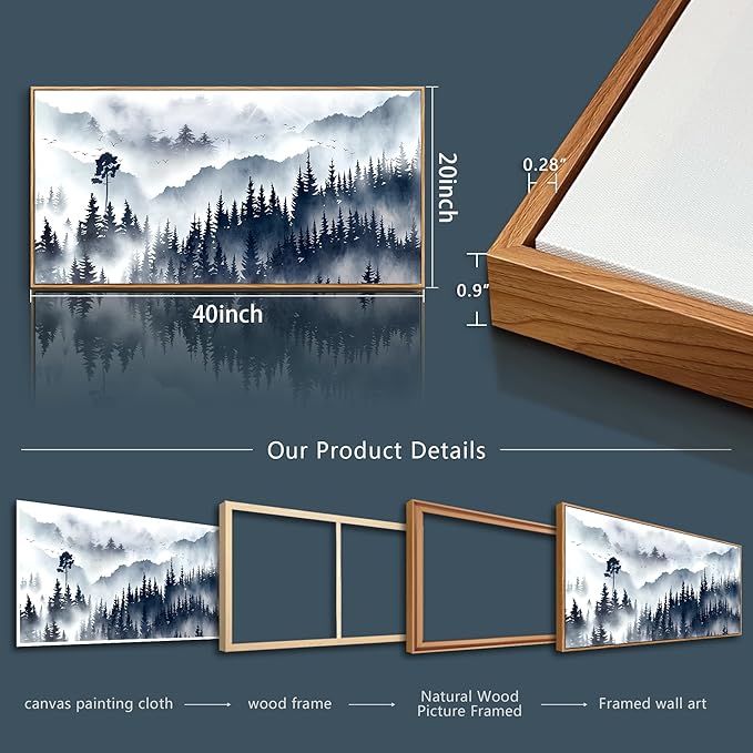 hyidecorart Wood Framed Wall Art For Living Room Canvas Wall Decor For Office Abstract Painting Fog forest Landscape Wall Picture Ready To Hang Bedroom Home Decorations Prints Posters Artwork 20X40