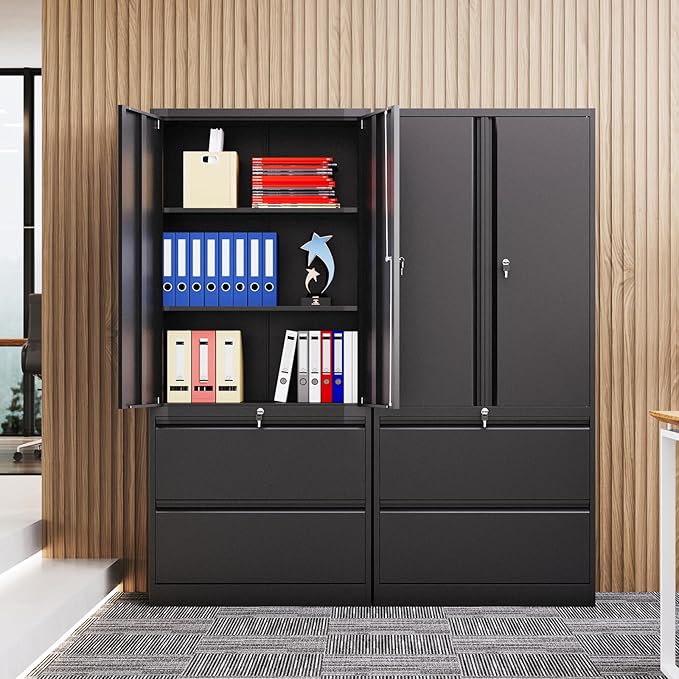 2 Drawer Lateral File Cabinet, Office Storage Cabinet with 2 Wide&Deep Drawers and Locking Doors, Black Metal Cabinet with Adjustable Shelves for Home Office, Fits A4/Letter/Legal Size Folders