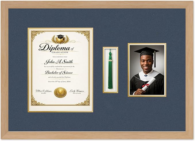 CountryArtHouse Diploma Tassel and Photo Shadowbox Fits 8.5 x 11 Certificate (Portrait) with Tassel Hook Natural Wood Genuine Hardwood with Navy Blue Over Metallic Gold Double mat