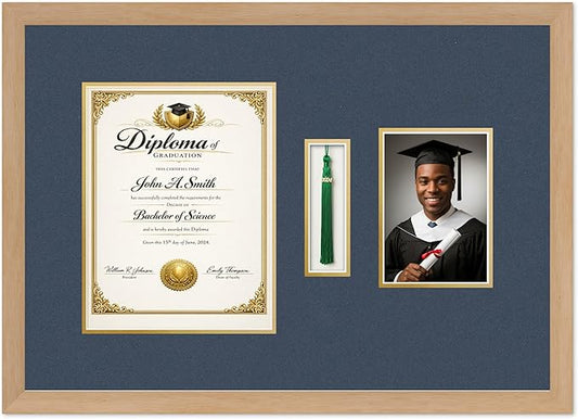 CountryArtHouse Diploma Tassel and Photo Shadowbox Fits 8.5 x 11 Certificate (Portrait) with Tassel Hook Natural Wood Genuine Hardwood with Navy Blue Over Metallic Gold Double mat