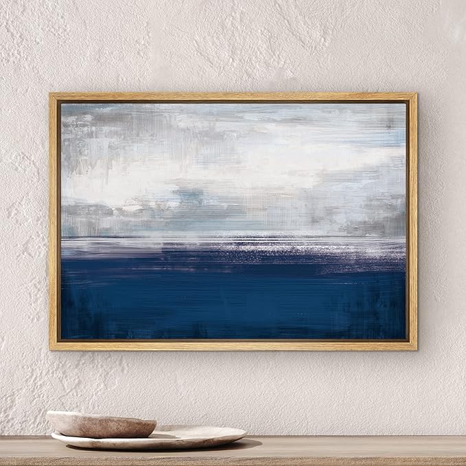 SIGNWIN Framed Canvas Wall Art White Clouds Over The Navy Blue Sea Coastal Ocean Oil Painting Abstract Modern Closeup Relax/Calm for Living Room, Bedroom, Office - 16"x24" Natural