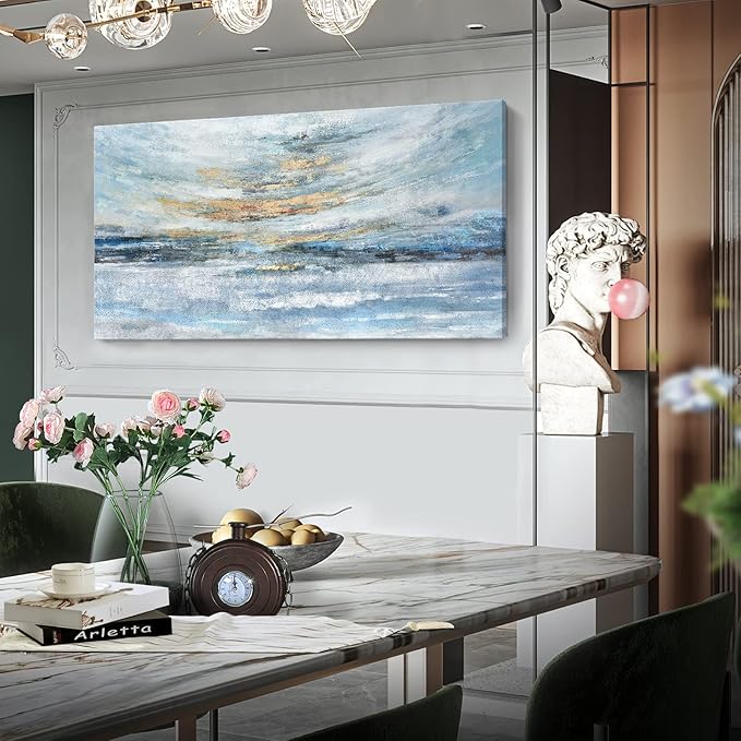 Extra Large Framed Wall Art for Living Room Light Blue Huge Canvas Print Modern Ocean Skyline and Sunset Wall Picture Coastal Themed Seaside Sea Artwork for Home Bedroom Décor 58x29inch Décor